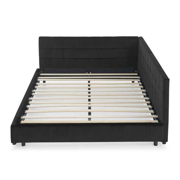Mid-Century Storage Upholstered Tufted Bed Frame With Backrest And Armrests