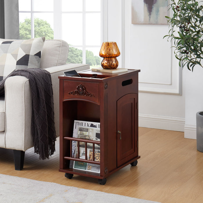 Traditional End Table With Charging Station, Narrow Side Table With USB Ports And Outlets - Red Walnut