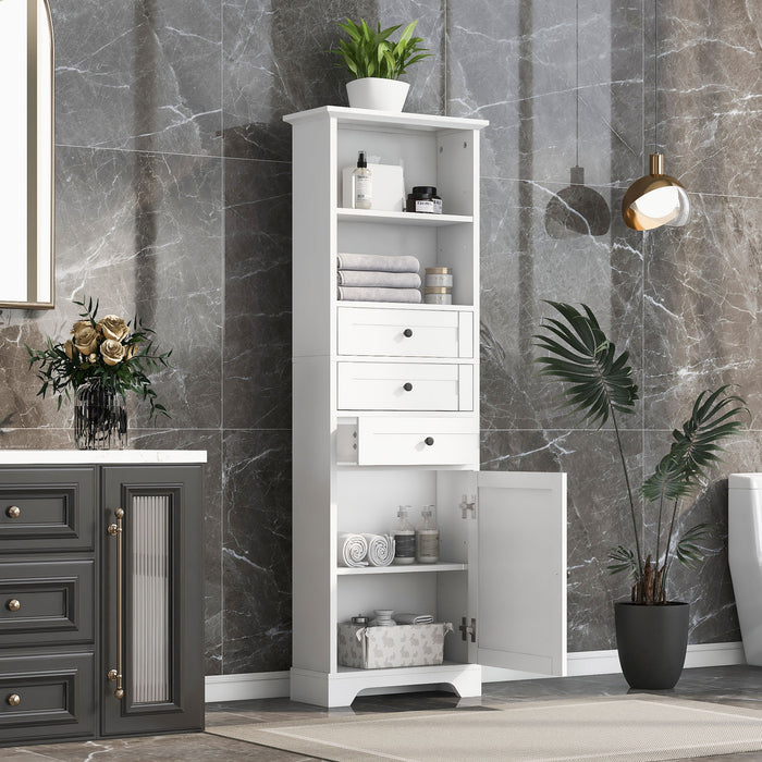 Tall Storage Cabinet With 3 Drawers And Adjustable Shelves For Bathroom