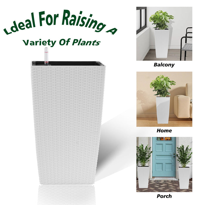 Square Large Planter With Automatic Watering System For Home And Garden (Set of 2) - White