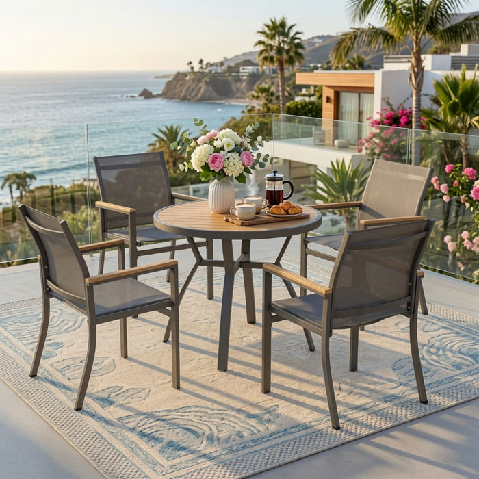 Gray Aluminum Patio Dining Set With Textilene Chairs, 5 Piece All Weather Round Table And 4 Seater For Garden, Deck, Or Porch