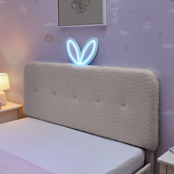 Upholstered Bed With Oversized Rabbit Ear Headboard, LED Lights & 4 Storage Drawers