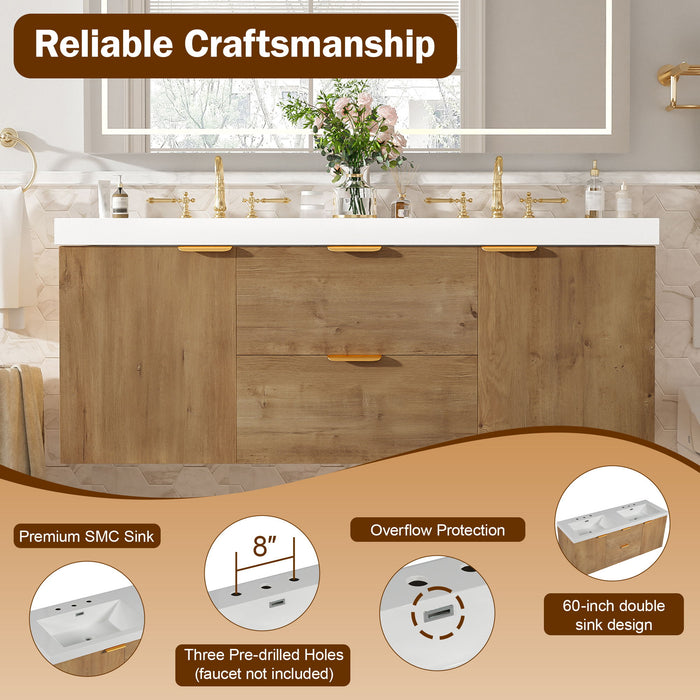 Double Sink Bathroom Vanity Soft Close Doors, Divided Drawers, Wall Mounted - Wood