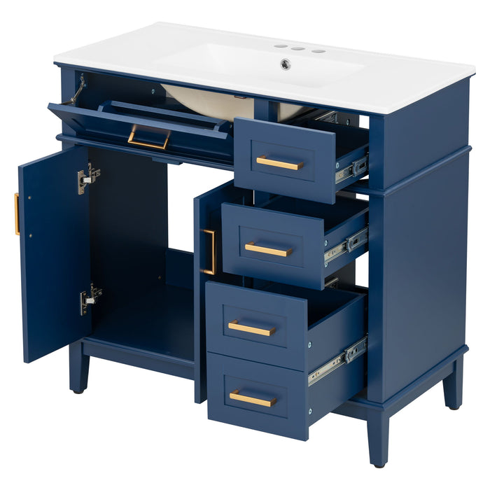 Bathroom Vanity With Ceramic Sink, Soft-Close Doors, 4 Storage Drawers - Blue