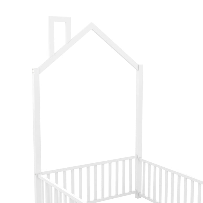 Metal House Platform Bed With Guardrail And Chimney