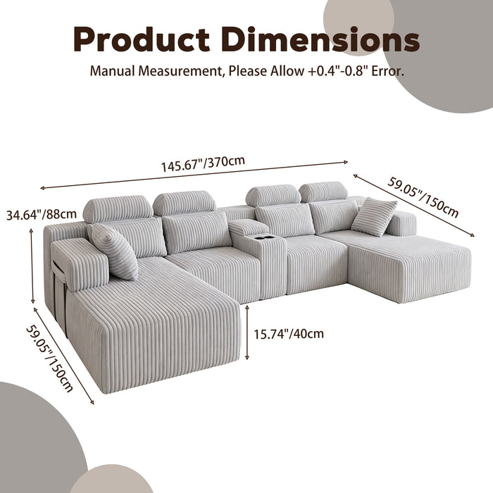 U-Shaped Sectional Sofa With Chaise Lounge And Cup Holders