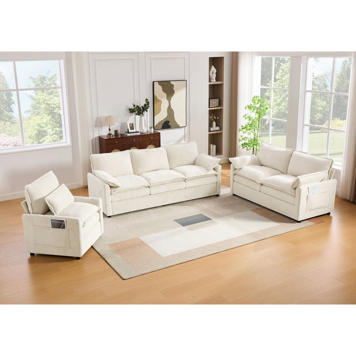 Modern Sofa Set With Double Layer Cushion And Side Storage Pockets