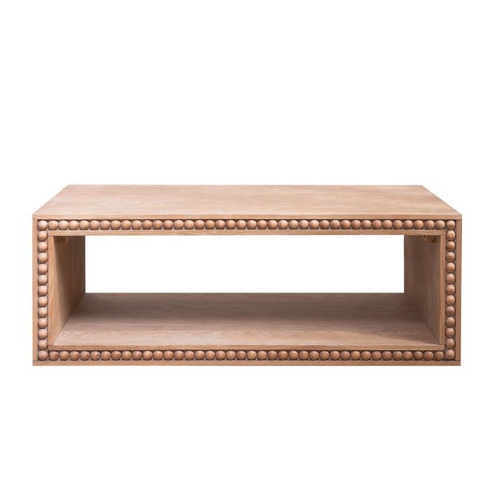 Beaded Edge Coffee Table, Rectangular Center Table With Open Storage Shelf - Antique Natural / Light Natural / Natural