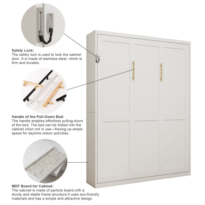 Queen Size Wall Mounted Murphy Bed With Manual Height Adjustable Desk, Cabinet & Frame & Computer Desk - White