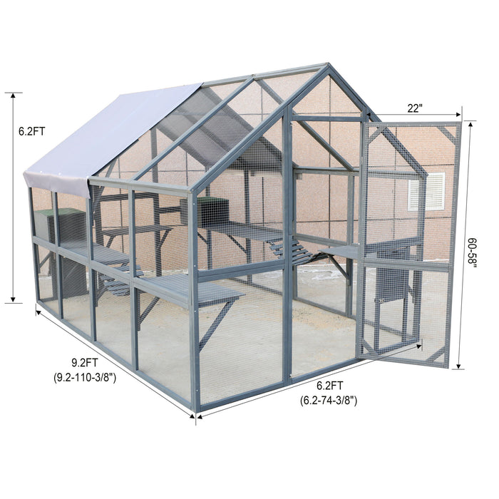 Spacious Wooden Cat Catio Outdoor Kitty House With Bridges And Roof Cover - Gray