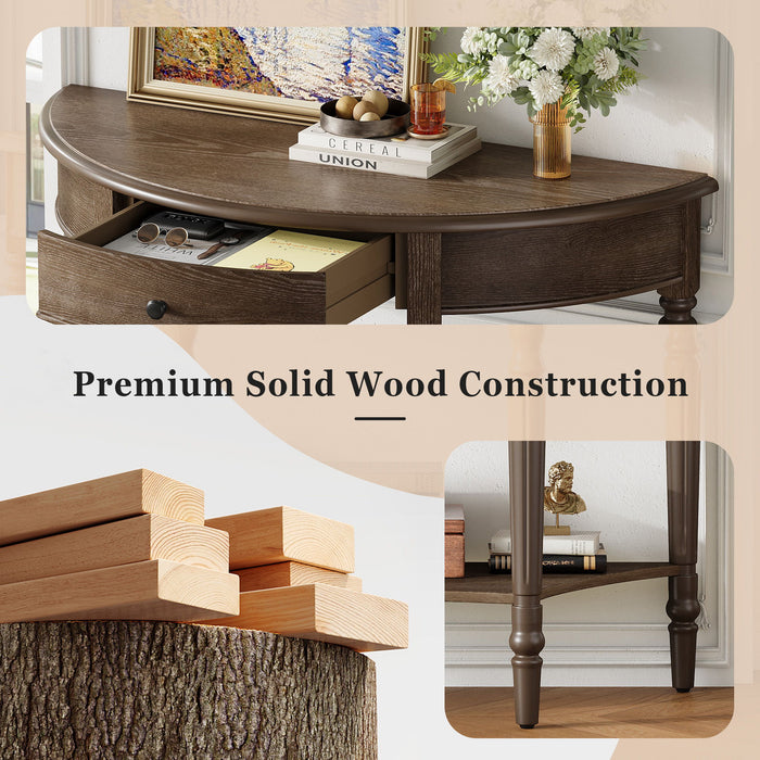 Half Moon Console Table With Drawer & Shelf For Living Room - Walnut