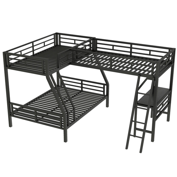 Twin Over Full Bunk Bed With Loft And Desk, L-Shaped Design For 3 Sleepers - Black