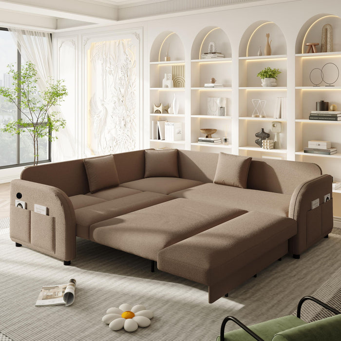 L-Shaped Couch With Pull-Out Bed, Oversize Convertible Sleeper Sofa With Side Pocket & USB Port