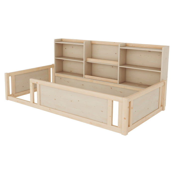 Platform Floor Bed With Guardrail Fence And Side Storage Shelves