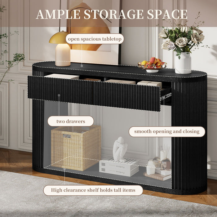 Oval Fluted Console Table With 2 Drawers And Bottom Shelf