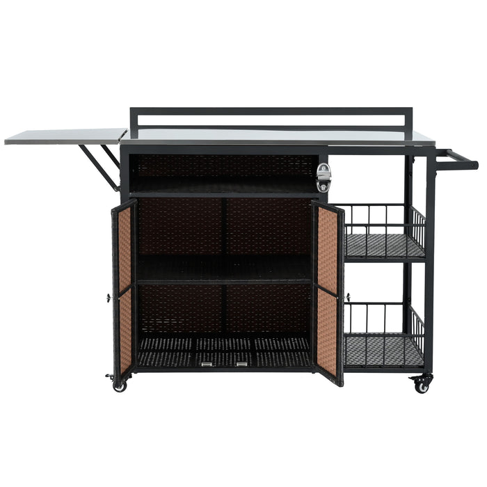Outdoor Kitchen Island With Storage, Cooking Station, Grill Cart, Foldable Tabletop, And Bottle Opener - Dark Brown