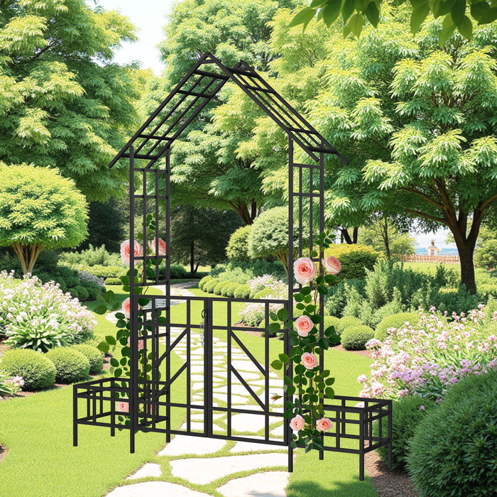 Garden Arch With Gate With Planter, Climbing Plants Support Outdoor - Black