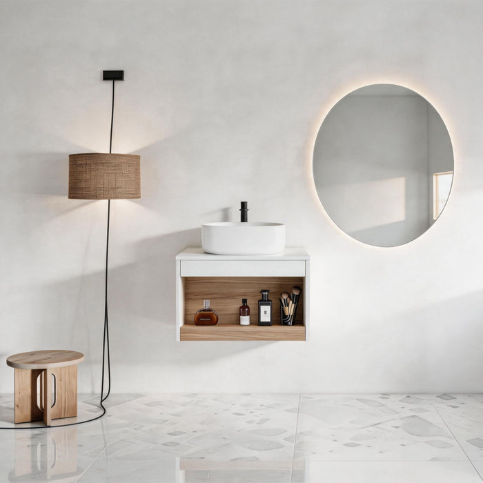 Floating Bathroom Vanity With Glossy Round Vessel Sink