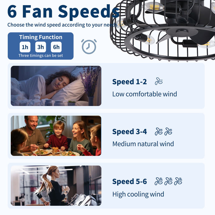 Flush Mount Ceiling Fan With Lights, Low Profile Fandelier With E12 Sockets, Reversible DC Motor, 6 Speeds - Black