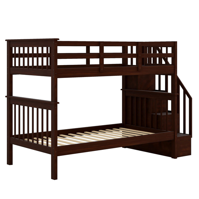 Stairway Bunk Bed With Storage And Guard Rail For Bedroom