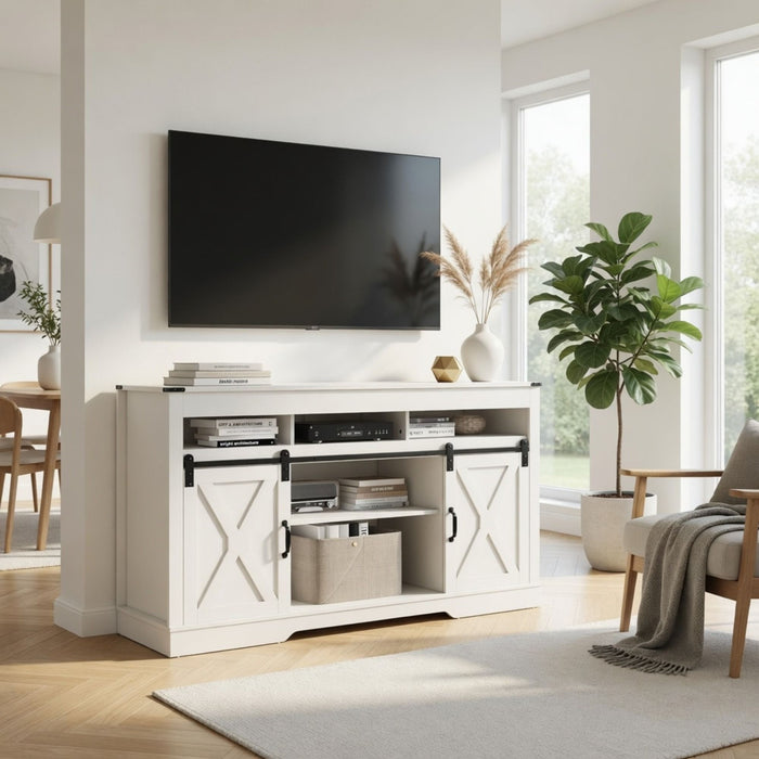 Farmhouse TV Stand With Sliding Barn Doors & Adjustable Storage