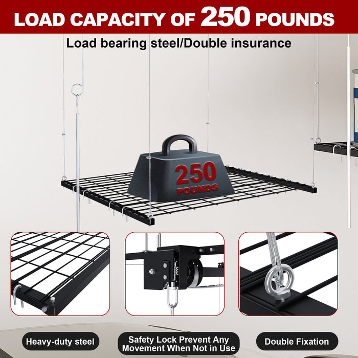 Overhead Garage Storage Rack 4 X 4 Ft For High Ceilings, With Safety Lock - Black