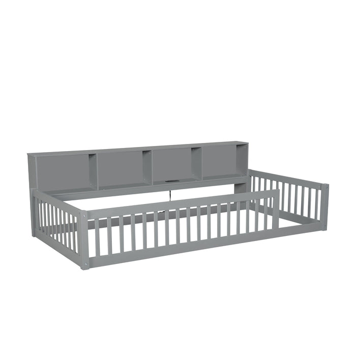Twin Long Floor Bed With Storage Cabinets And USB Ports - Gray