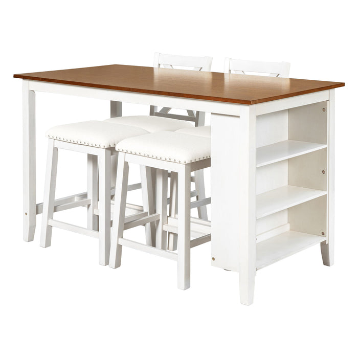 5 Pieces Counter Height Rustic Farmhouse Dining Room Wooden Bar Table Set With 2 Stools And 2 Chairs