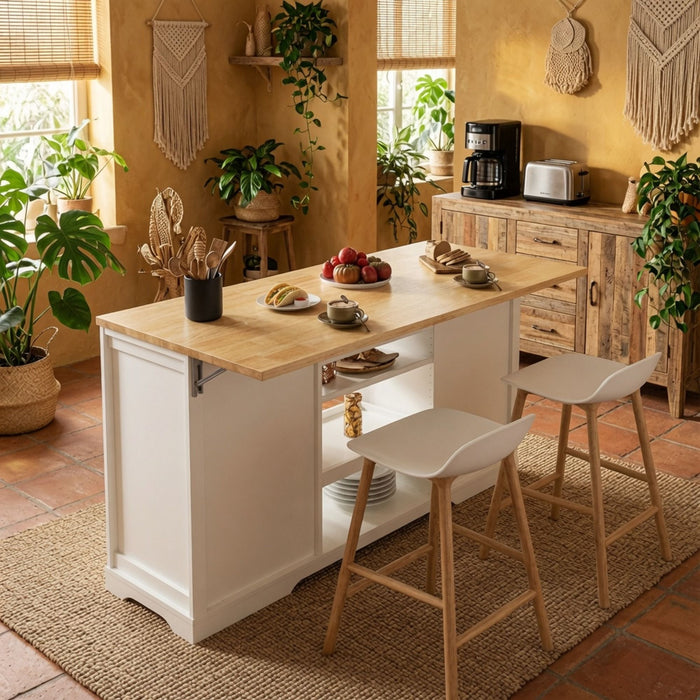 Drop Leaf Kitchen Island With Storage, Power Outlet & Pet Bowl Drawer - White / Light Oak