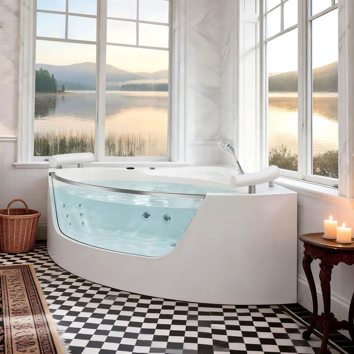 Korra - 2 Person Acrylic Corner Whirlpool Bathtub With Hydro Massage, Rainbow Light, Heater - Milk White
