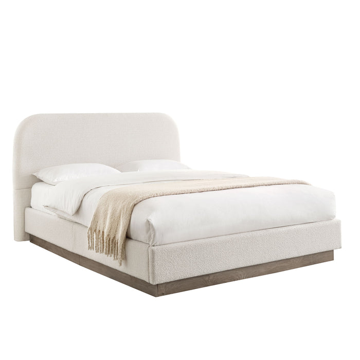 Linton - Queen Size Upholstered Platform Bed - Cream White / Light Grey / Camel Oak