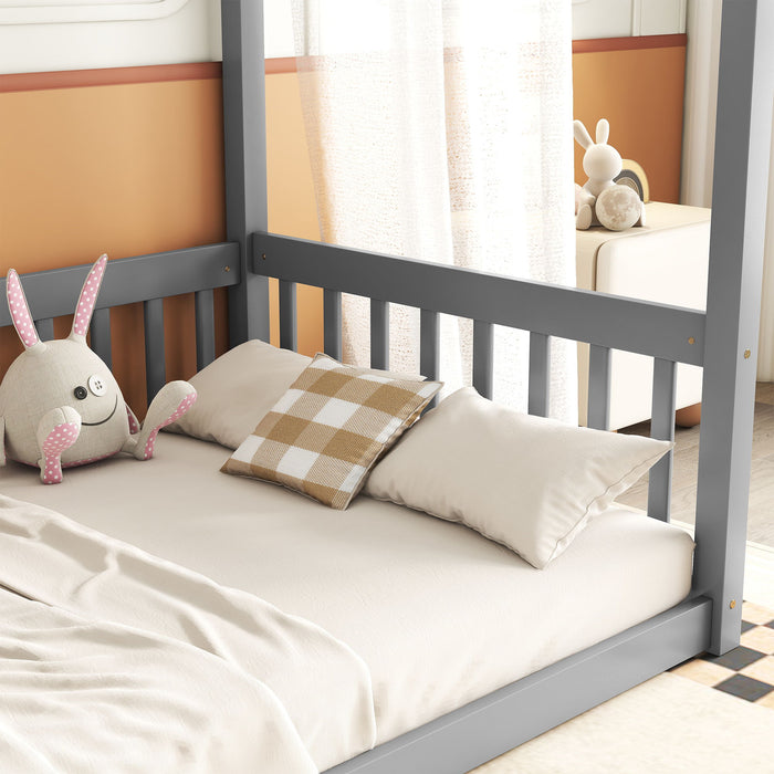 Canopy Frame Floor Bed With Fence, Guardrails