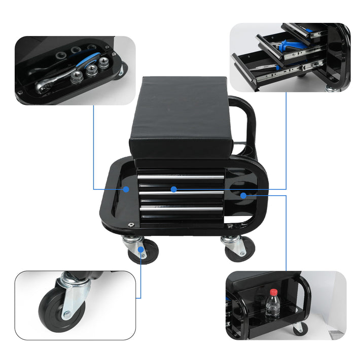 Rolling Creeper Garage Seat With 3 Built In Drawers, Rolling Tool Chest For Shop Or Garage - Black