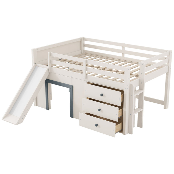 Modern Low Loft Bed With Slide, 3 Storage Drawers, And 2 Doors