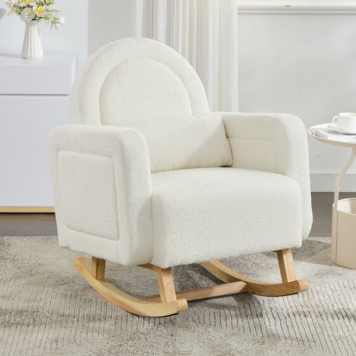 Accent Rocking Chair With Curved Back & Pillow, Base, Ultimate Comfort For Living Room Or Nursery - Cream White