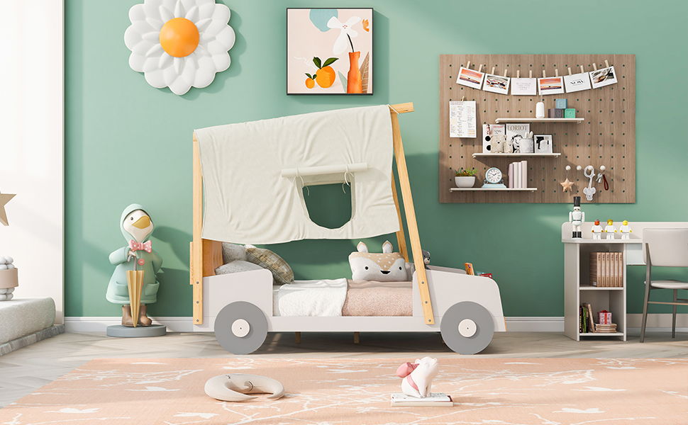 Twin Size Car Bed & Pillow, Ceiling Cloth And LED - Natural