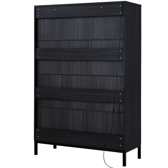 Modern Style Tall Display Cabinet With LED Lighting, Tempered Glass Door, 2 Drawers