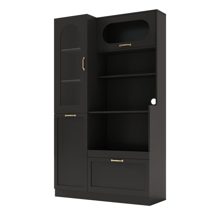 Tall Freestanding Kitchen Pantry Cabinet With Arched Glass Door