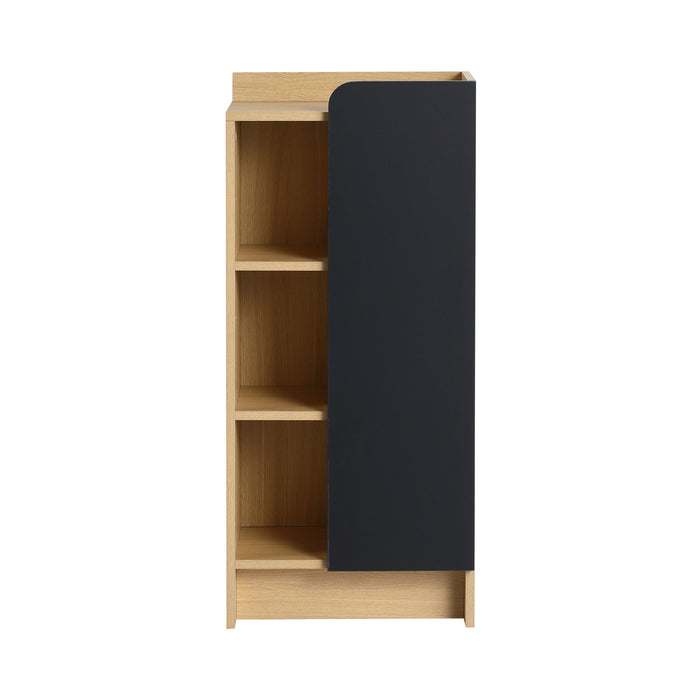 Freestanding Bathroom Side Cabinet, Narrow Storage Cabinet With Single Door & 3 Tier Open Shelves - Black / Light Oak / White