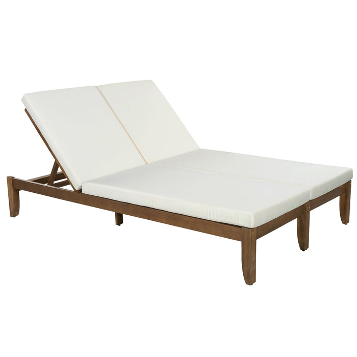 Adjustable Outdoor Patio Lounge Chair 2 Seater Recliner - Beige / Walnut