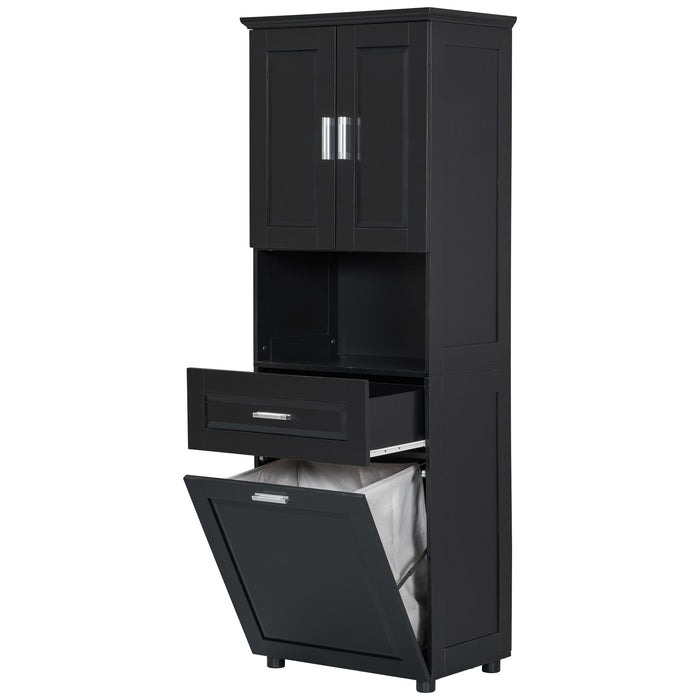 Tall Bathroom Cabinet With Tilt-Out Laundry Basket And Upper Storage