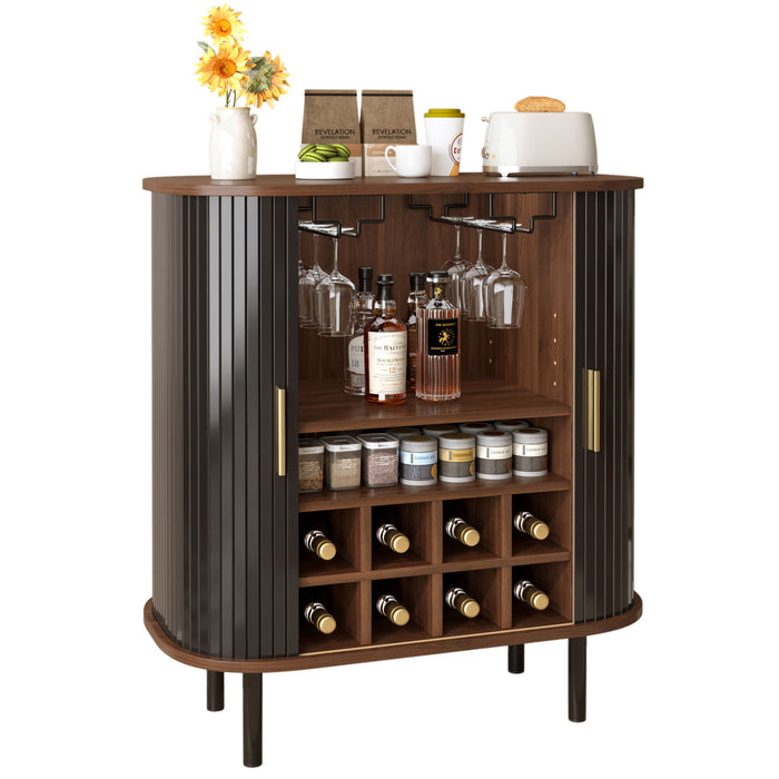 Fluted Wine Bar Cabinet With 8 Grid Wine Rack, 5 Level Adjustable Shelves, 2 Glass Holders