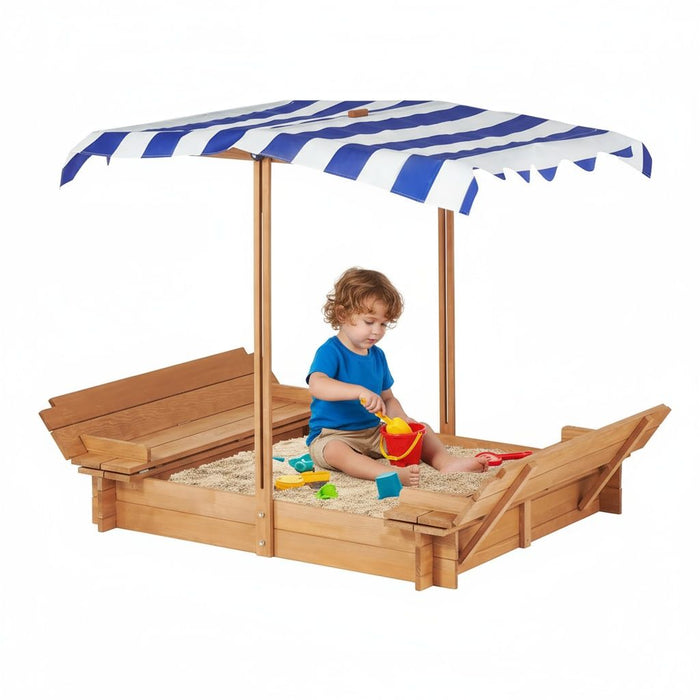 Kids Sandbox With Adjustable Cover, Sand Box With 2 Foldable Bench Seats, Outdoor Sandpit For Backyard Play - Light Brown