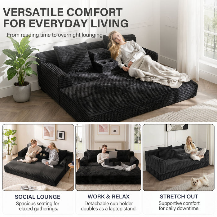 Soft Striped Convertible Sofa Bed, Dual Use Lounge Couch With Cup Holders And Pillows