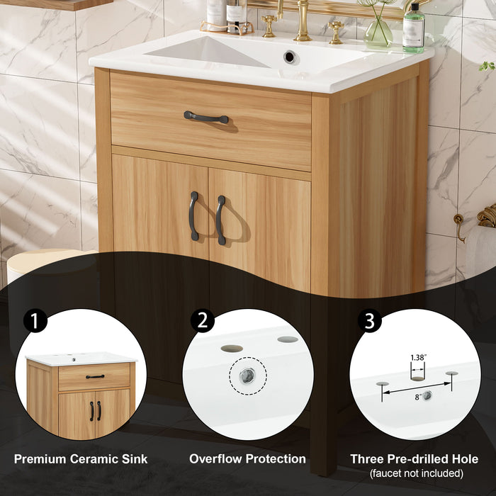 Bathroom Vanity With Flip Drawer, 2 Soft Close Doors, Adjustable Shelf And Ceramic Sink