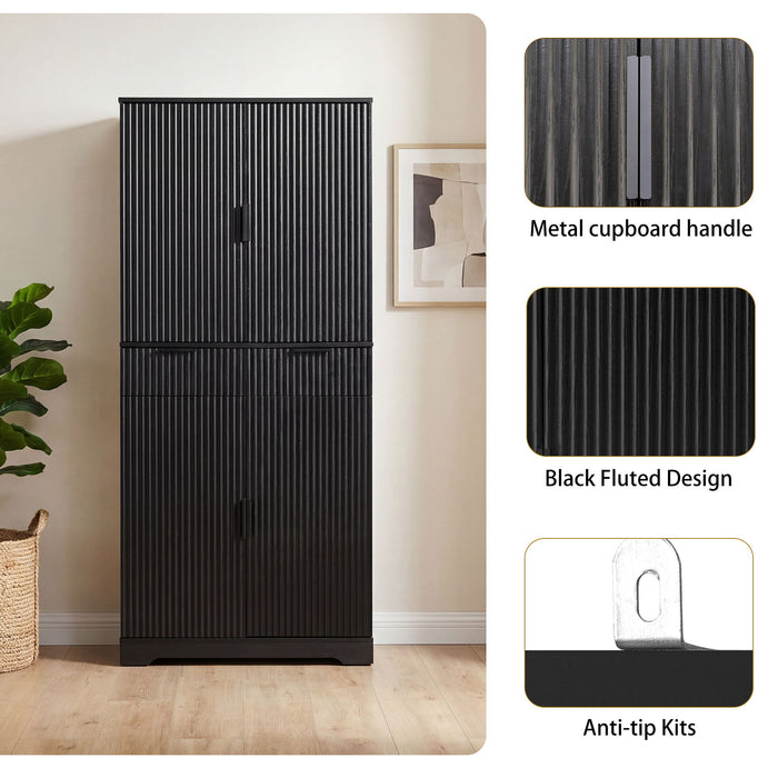 Fluted Kitchen Pantry Cabinet With 3 Keyboard Drawers & 6 Adjustable Door Shelves