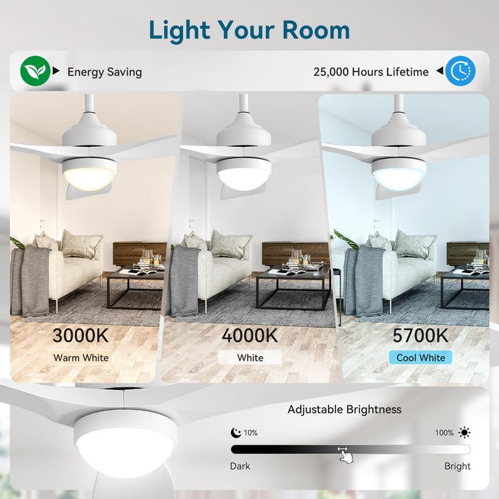 52" Ceiling Fan With Dimmable LED Light, 6 Speed DC Motor, 3 Blades