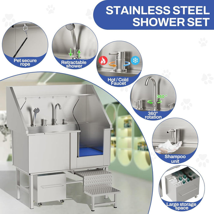 Stainless Steel Dog Washing Station With Seamless Design And Accessories - Silver