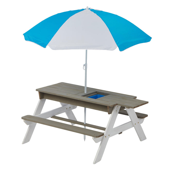 Wooden Kids Picnic Table, Sand And Water Table With Umbrella, Activity Table For Outdoor Backyard Patio Play - White / Gray