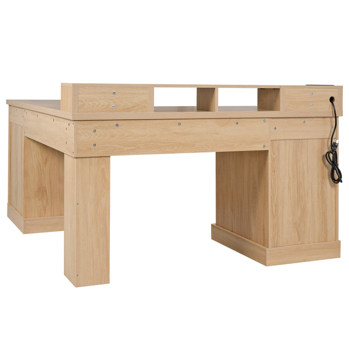 Fluted L-Shaped Desk With Charging Station & Storage Cabinet